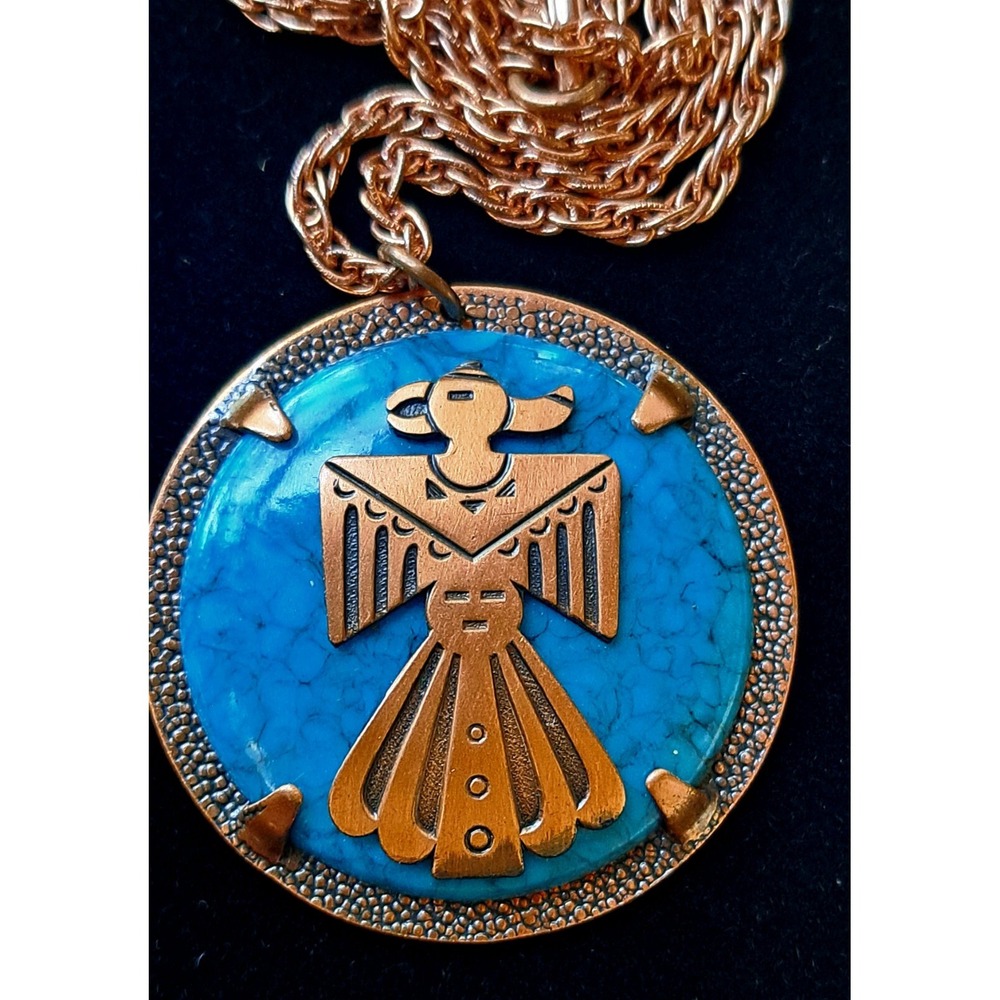 Copper By Bell Blue Marbled Glass Thunderbird Southwestern Pendant 28" Necklace - Picture 6 of 7